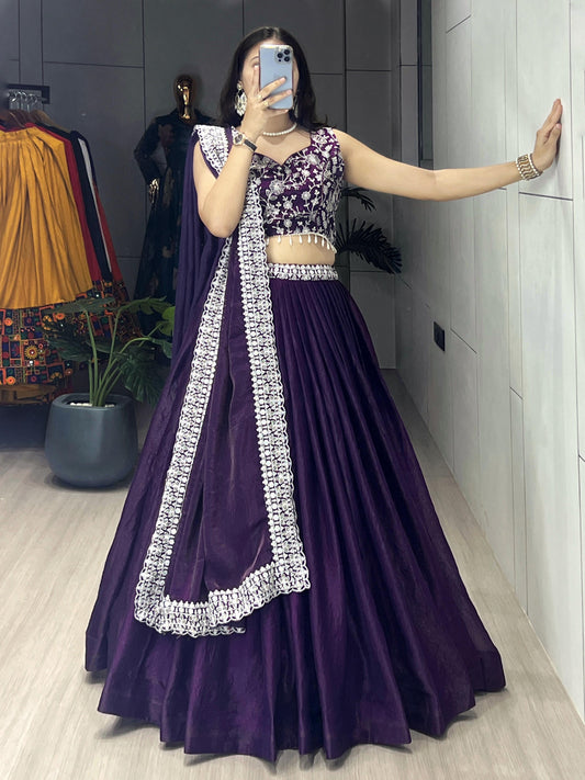 Anushka - Premium Purple Silk Satin Fully Stitched Lehenga