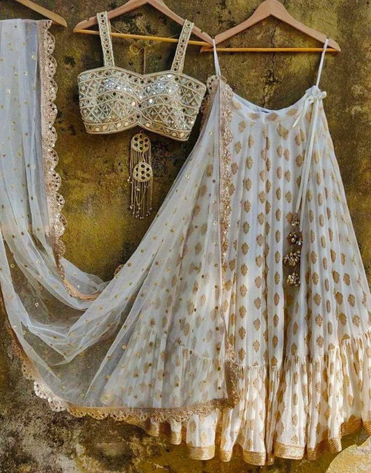 Banarasi lehenga with crosec lace border