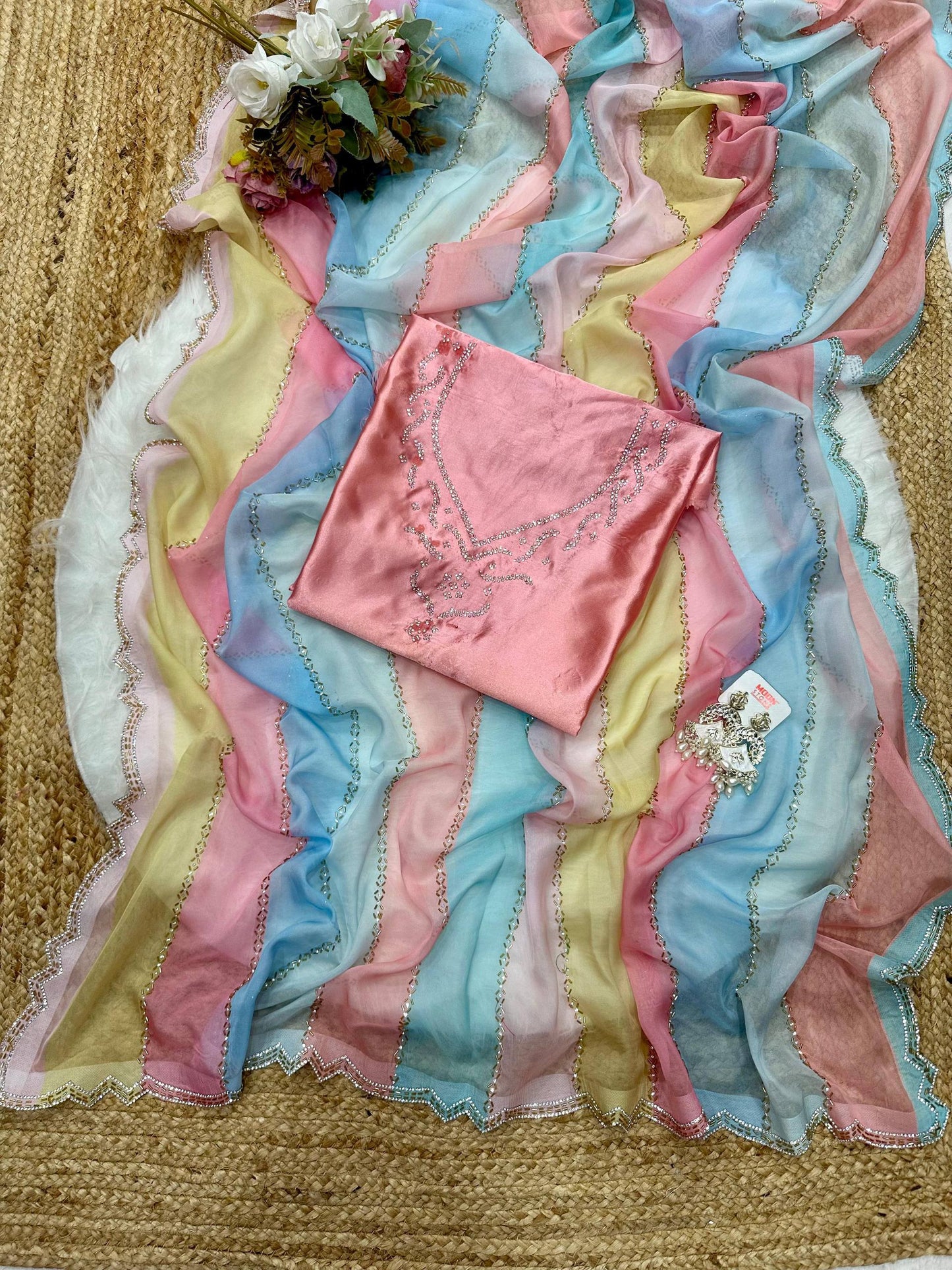 Multicoloured Rainbow Soft Silk Saree with Beautiful Crystal Work with Stitched Blouse Option