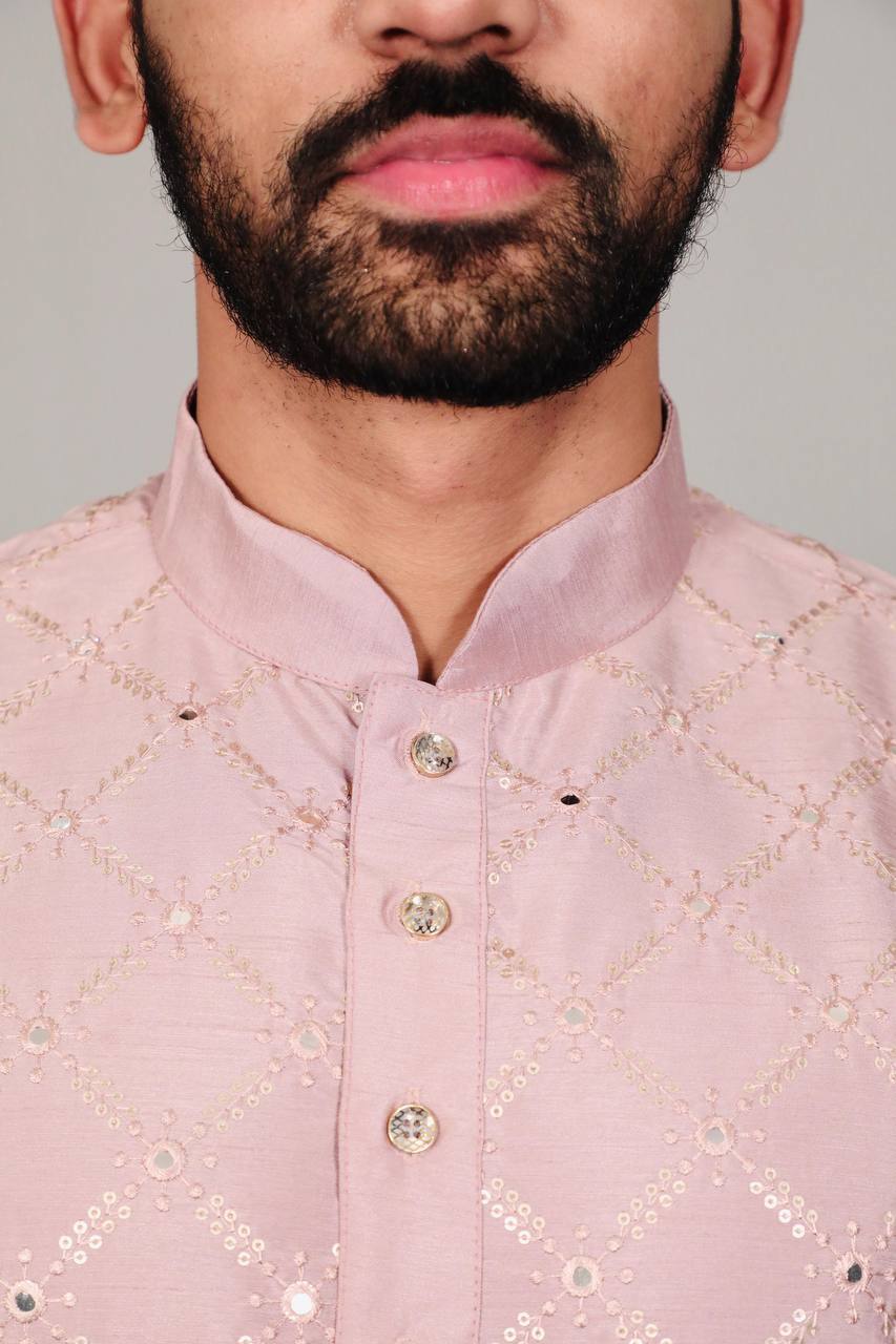 Baby pink Premium soft silk kurta with sequins work and with white cotton pajama