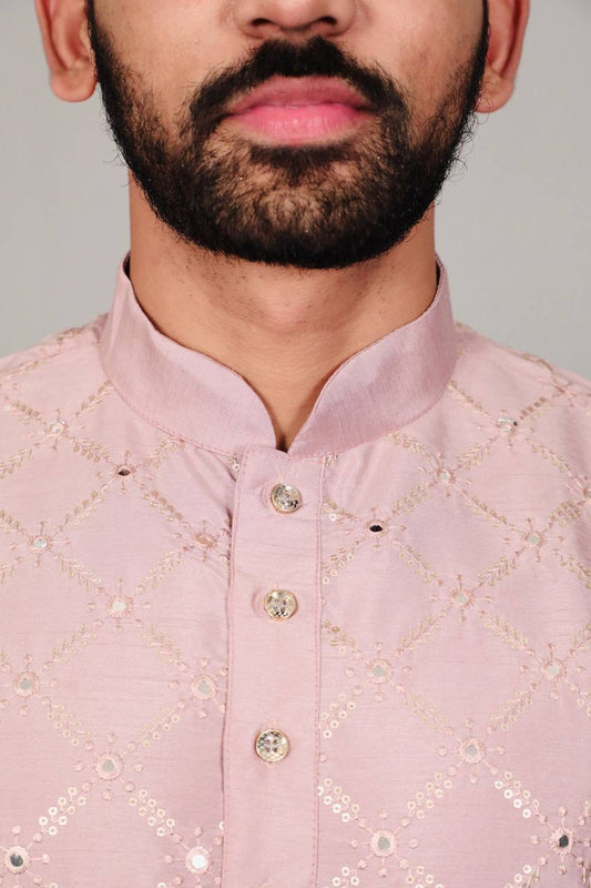 Baby pink Premium soft silk kurta with sequins work and with white cotton pajama