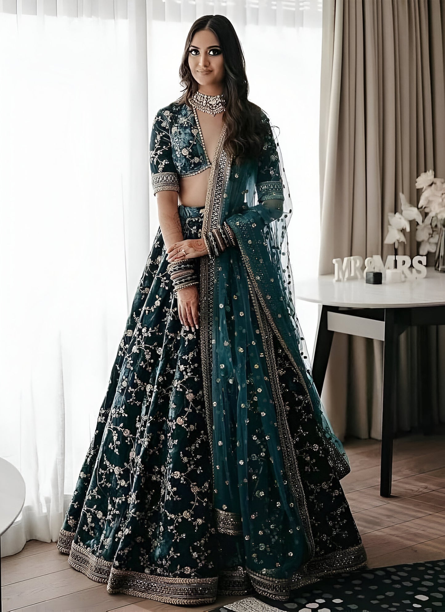 Dark Green Velvet Fabric Heavy Fully Stitched Lehenga
