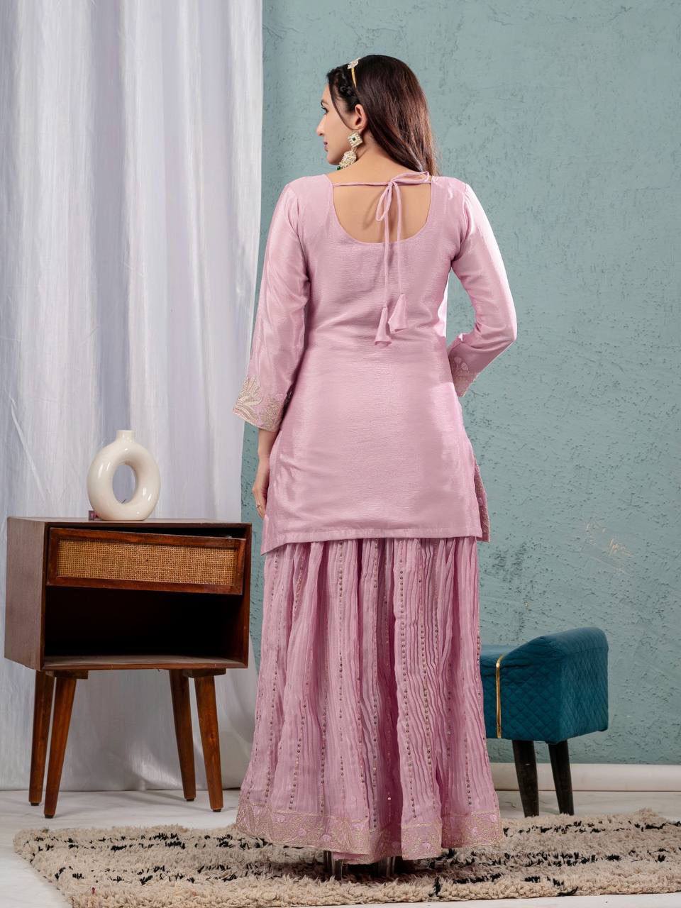 Pure Chinon Silk Embroidered Sharara Set in 4 beautiful Colours Fully Stitched