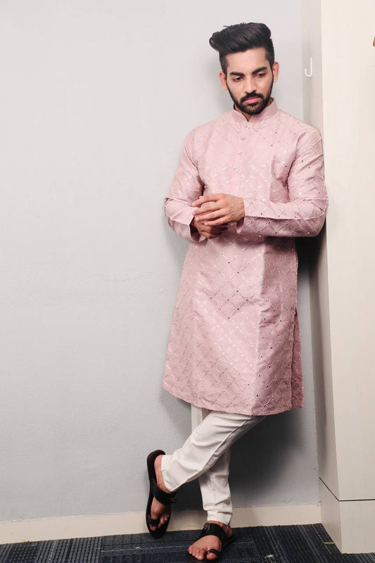 Baby pink Premium soft silk kurta with sequins work and with white cotton pajama