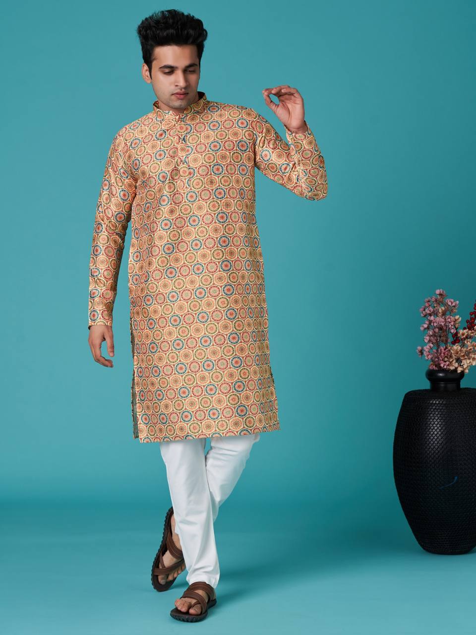 Beige Men's traditional indian ethinic printcotton kurta with pant