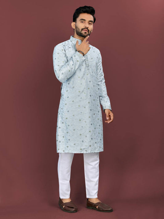 Men's Silk Fabric Floral Embroidered Kurta with Pajama
