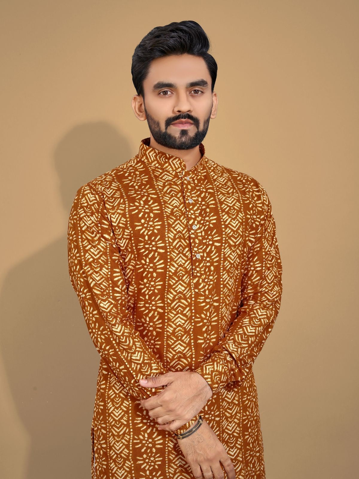 Soft & Comfy Cotton With Foil Print Men's Kurta with Cotton Pajama