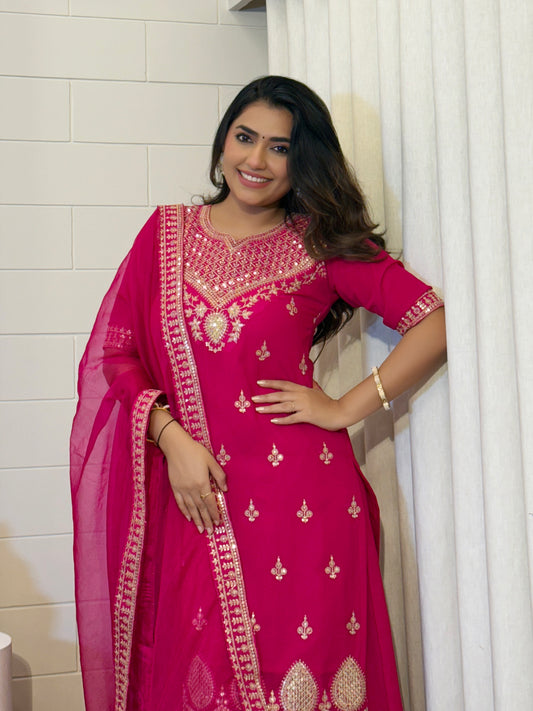 Rani Pink Soft Georgette Beautifully Embroidered Sharara Suit