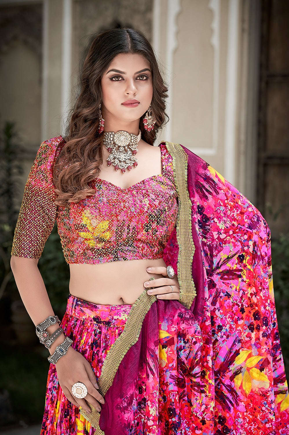 Pink Crushed Chinon fully stitched Lehenga Choli