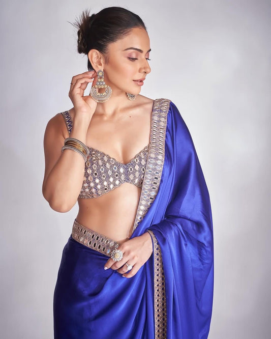 Blue Bollywood Style Partywear Saree with Original Mirror Work and Embroidery
