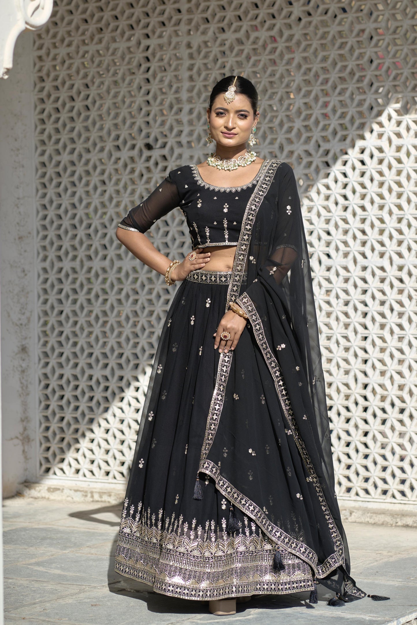 Avantika - Black Pure Georgette Lehenga with Sequins & Embroidery Work