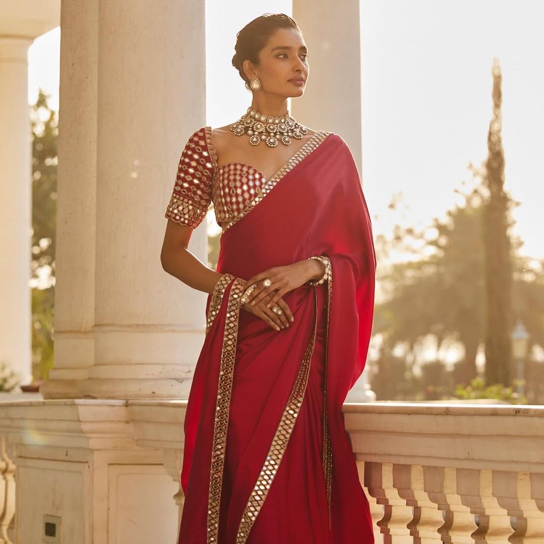 Red Bollywood Style Partywear Saree with Original Mirror Work and Embroidery