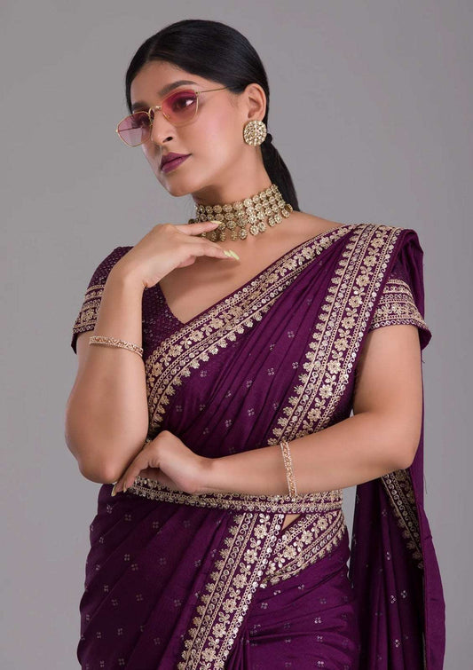 Chinnon wine colour saree with fully stitched blouse