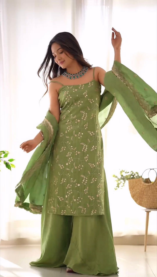 Parrot green fully stitched Sharara suit set