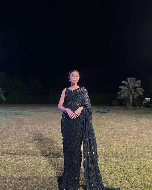 Jet Black pure georgette sequins saree with stitched blouse