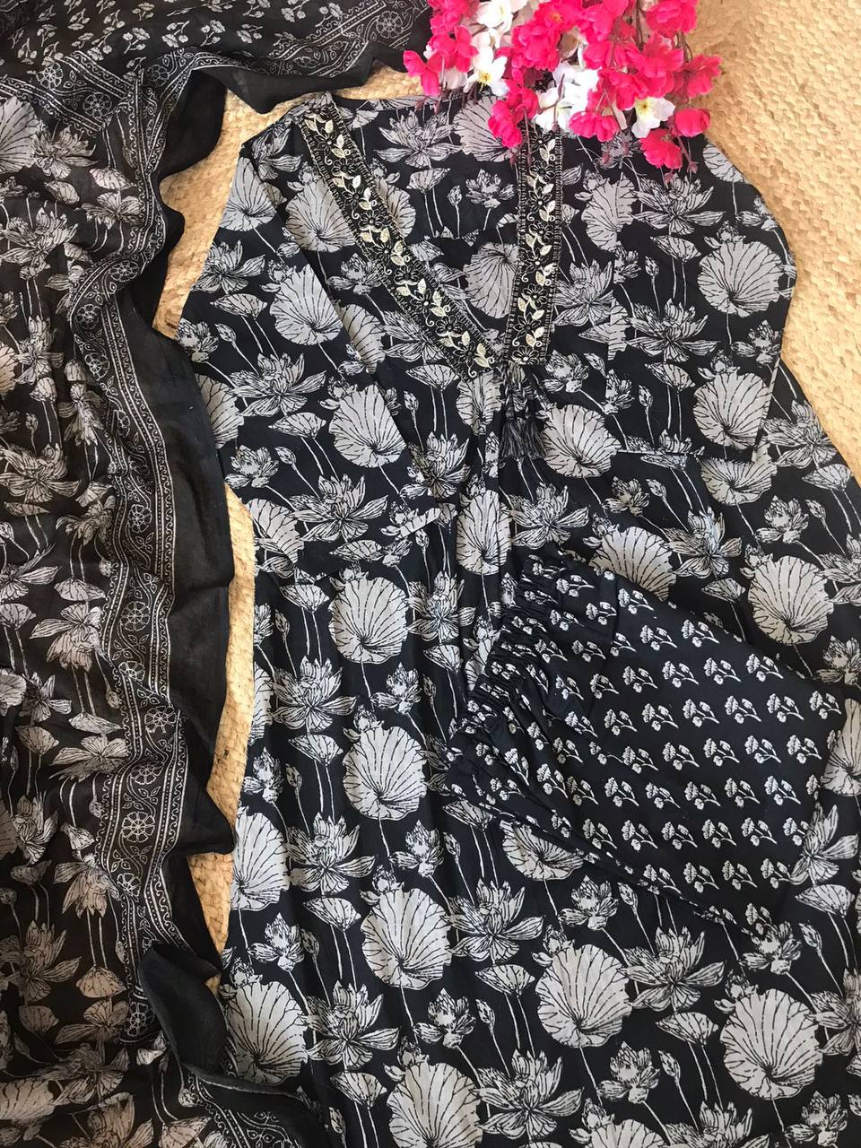 Black and white cotton premium suit with pant and dupatta