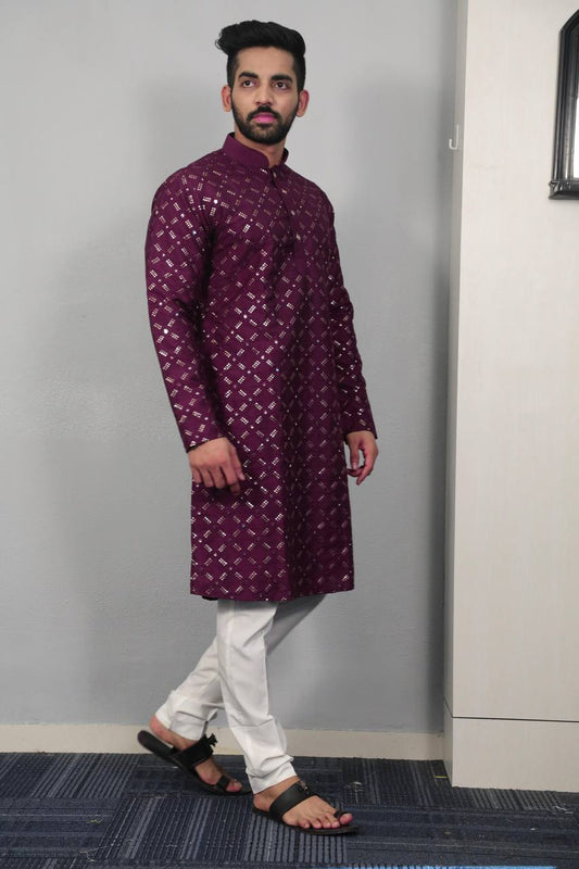 Wine colour Premium soft silk kurta with sequins work and with white cotton pajama