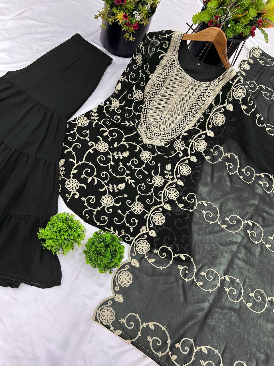 Soft Georgette Black Sharara Set Fully Stitched