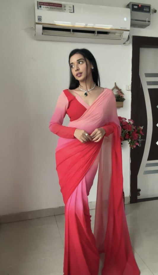 Dual tone pink shaded saree with stitched blouse