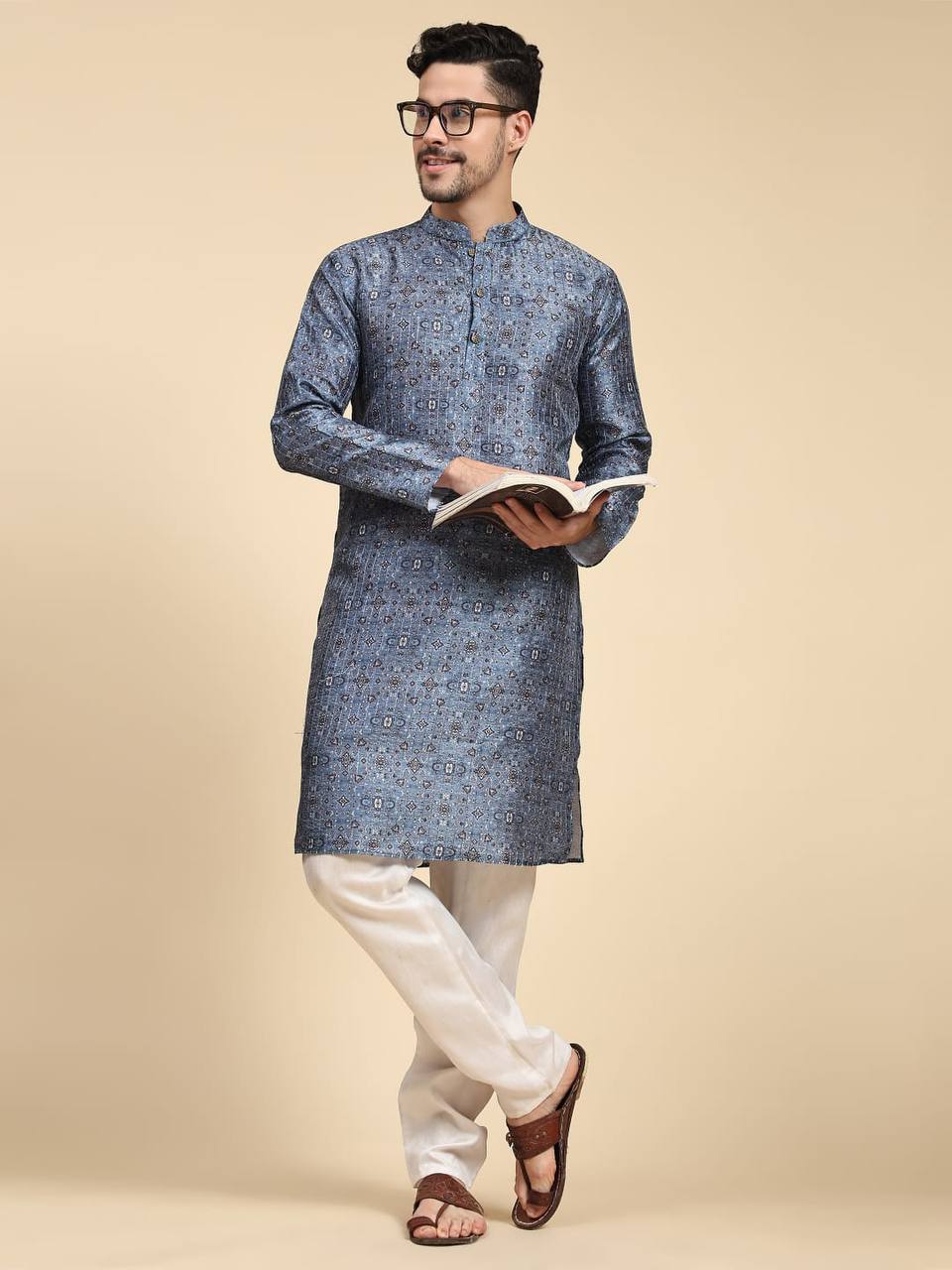 Grey Men's traditional sequins work & print cotton kurta with pajama
