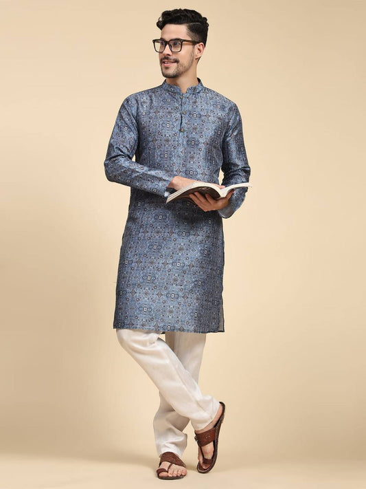 Grey Men's traditional sequins work & print cotton kurta with pajama