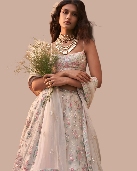 Premium Off White Floral Embroidered Fully Stitched Lehenga