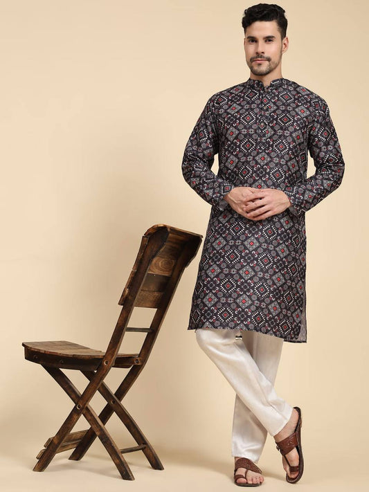 Black Abstract pattern Men's traditional sequins work & print cotton kurta with pajama