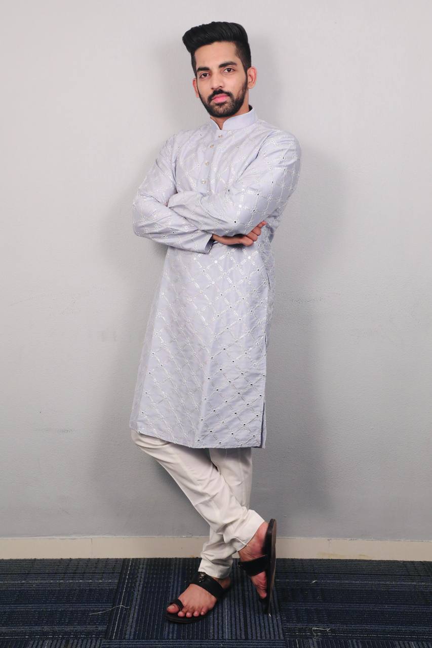 Grey Premium soft silk kurta with sequins work and with white cotton pajama