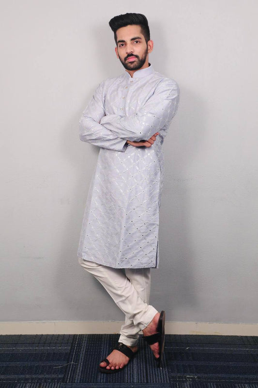 Grey Premium soft silk kurta with sequins work and with white cotton pajama