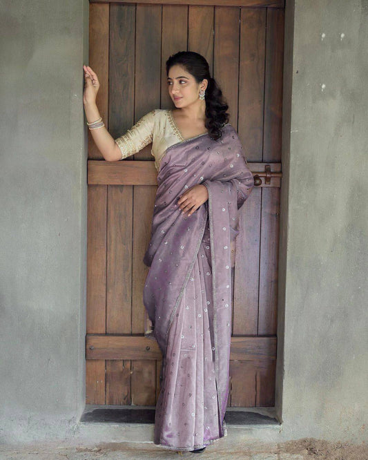 Pastel Purple Twil Net Saree with Sequins and Embroidered Blouse