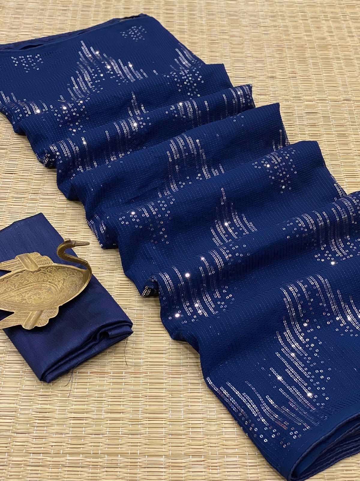Blue zig zag sequins saree with stitched blouse