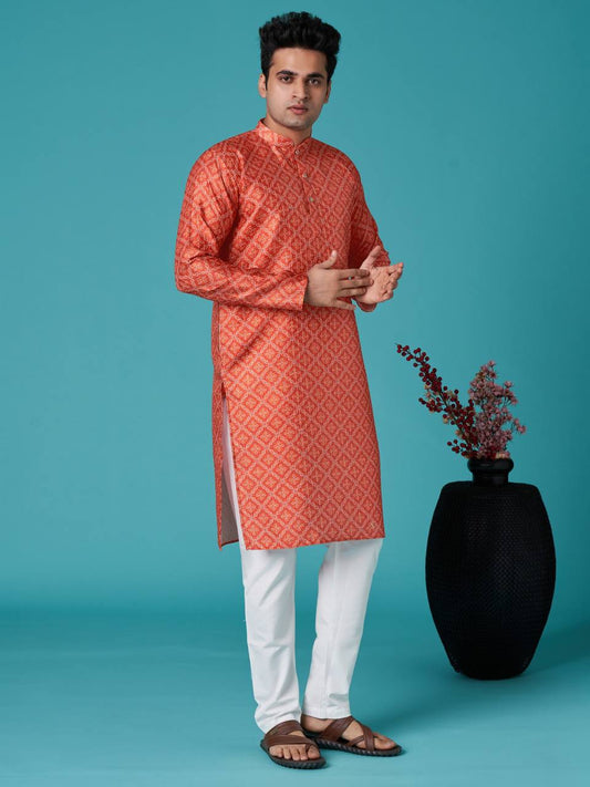 Men's traditional indian ethinic print red cotton kurta with pant