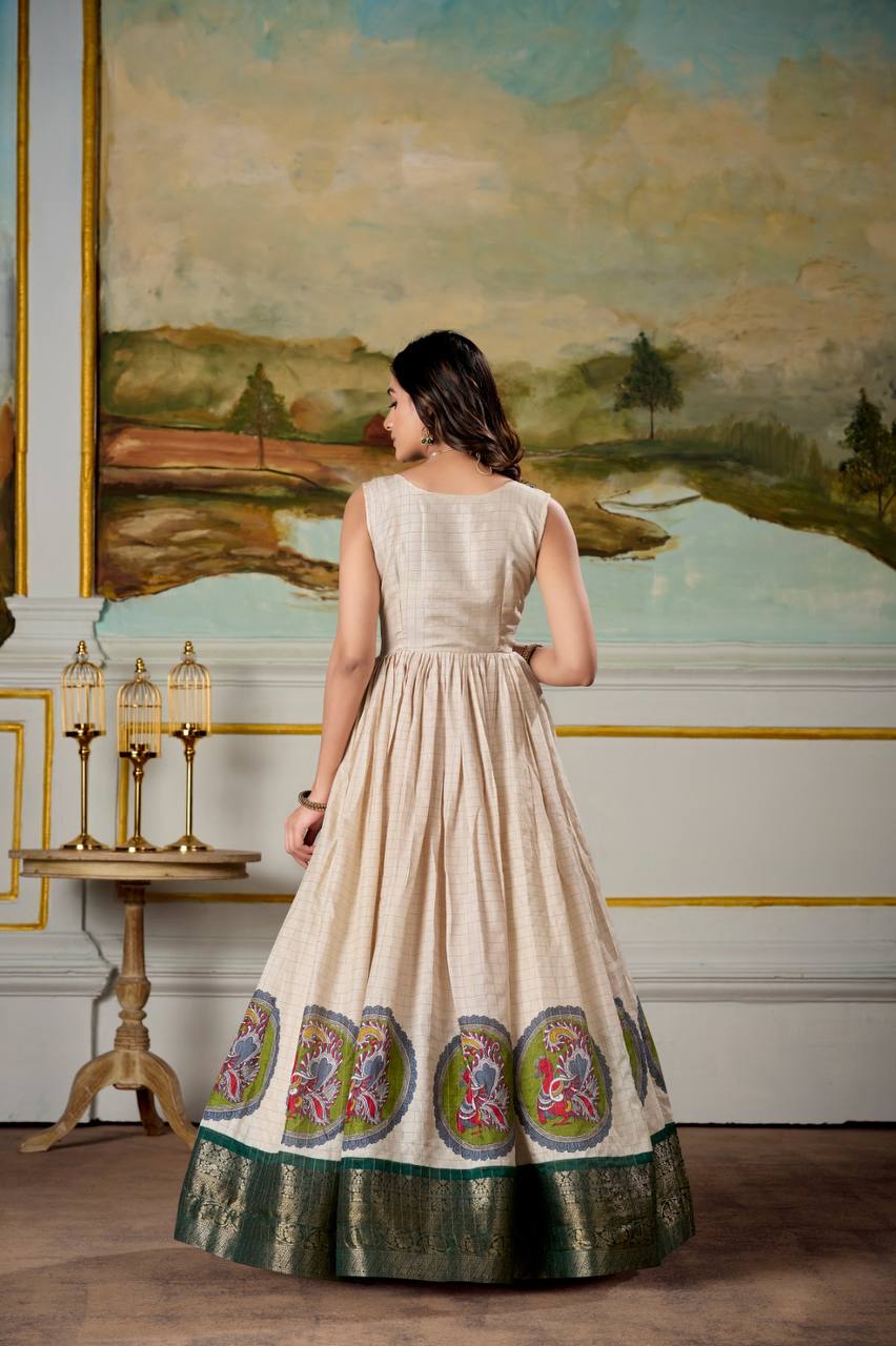 Beautiful Kalamkari Print Dola Silk Fully Stitched Gown