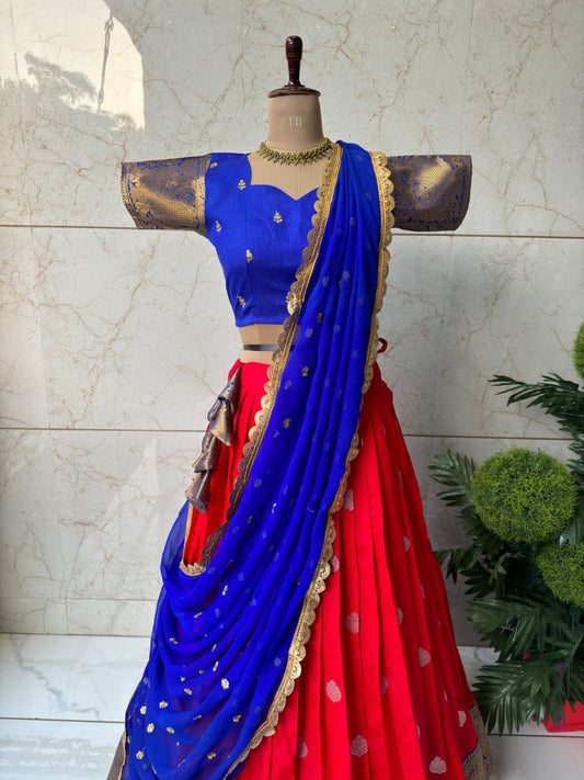 Red and Blue Kanjivaram style Silk lehenga fully stitched