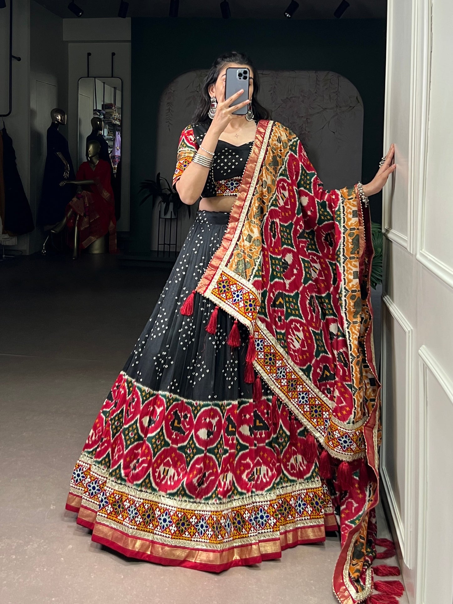 Varni - Beautiful Gamthi Work Printed Silk Chaniya Cholis Fully Stitched