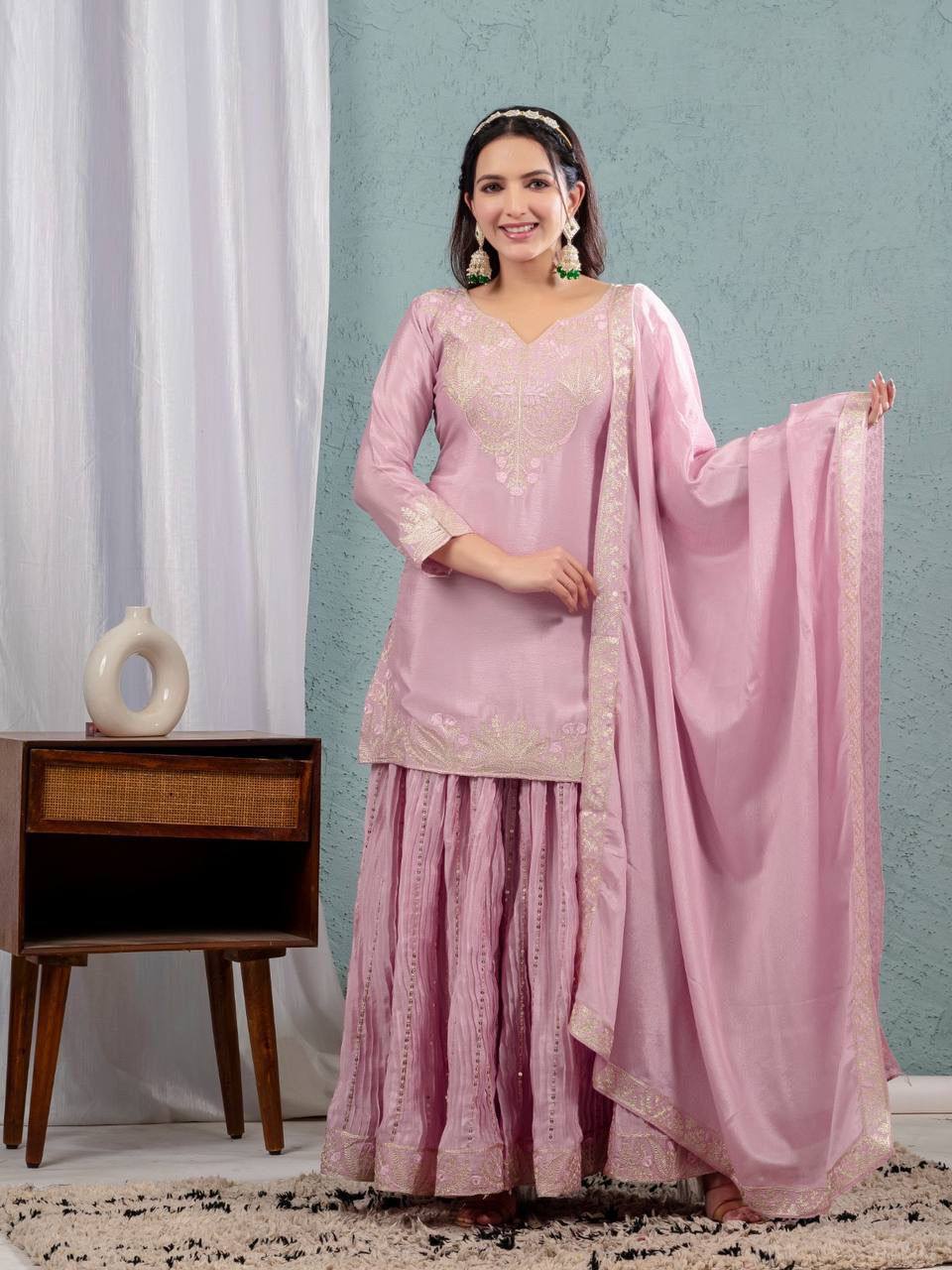 Pure Chinon Silk Embroidered Sharara Set in 4 beautiful Colours Fully Stitched
