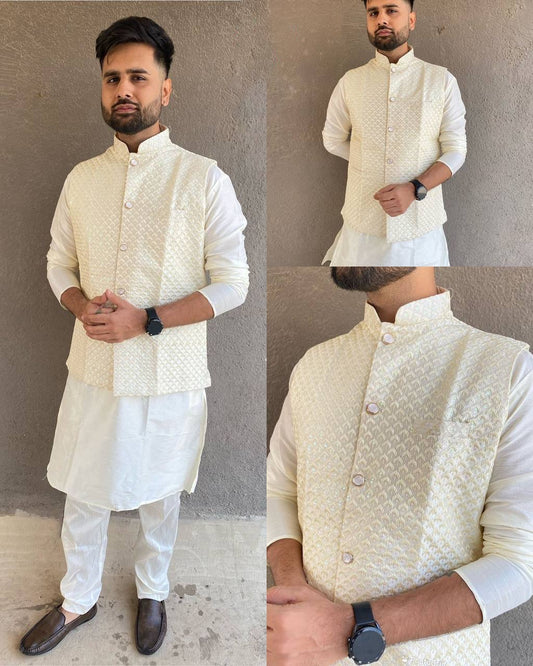 Premium off white colour silk fabric men's koti kurta with pajama