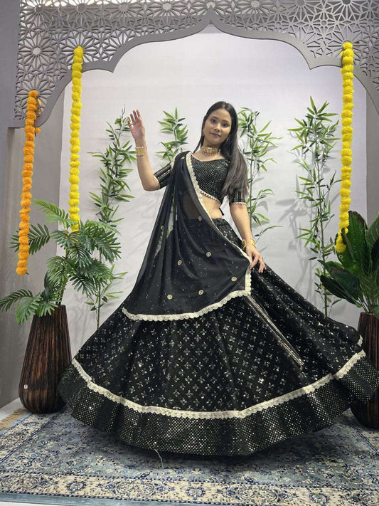 Black georgette fully stitched lehenga with blouse and dupatta