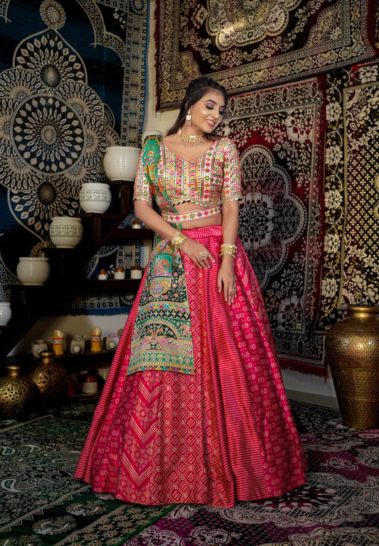 Vihangi - Red and green detailed print fully stitched lehenga
