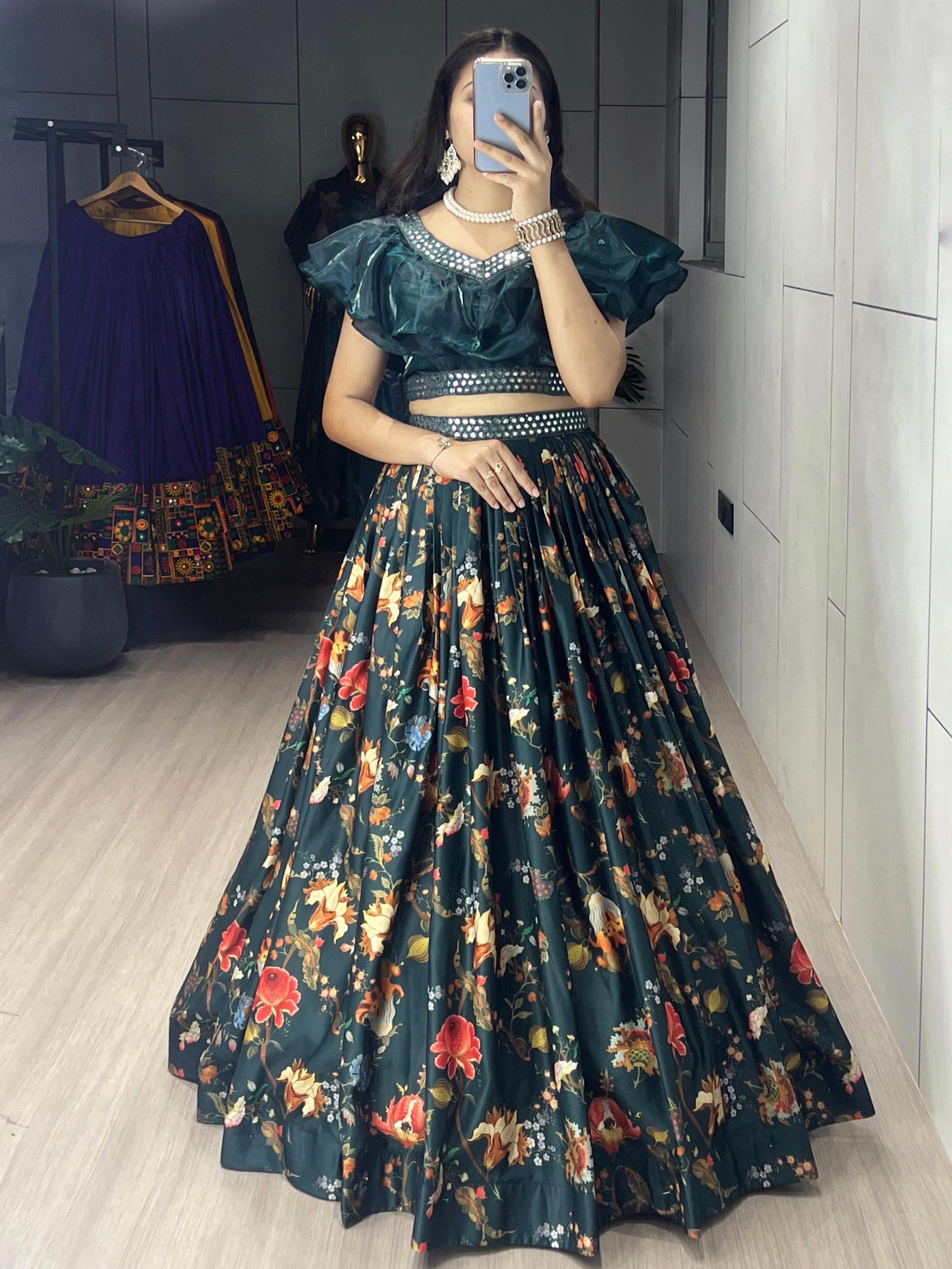 Pure Muslin Dark Bottle Green Casual Lehenga Fully Stitched