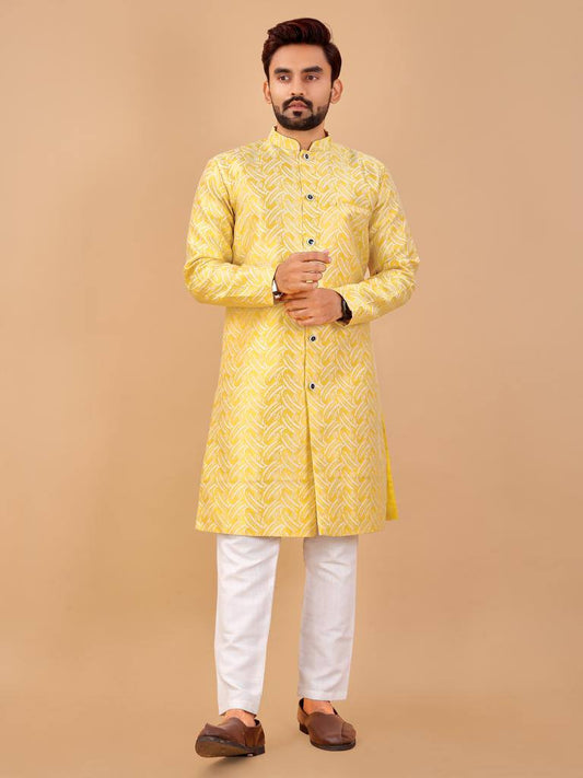 Yellow Men's traditional indo western bollywood style with pajama