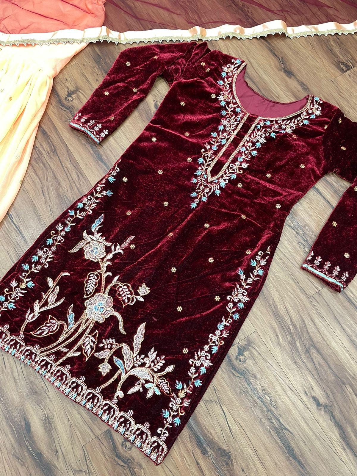 Maroon Velvet and Georgette Sharara Suit fully stitched