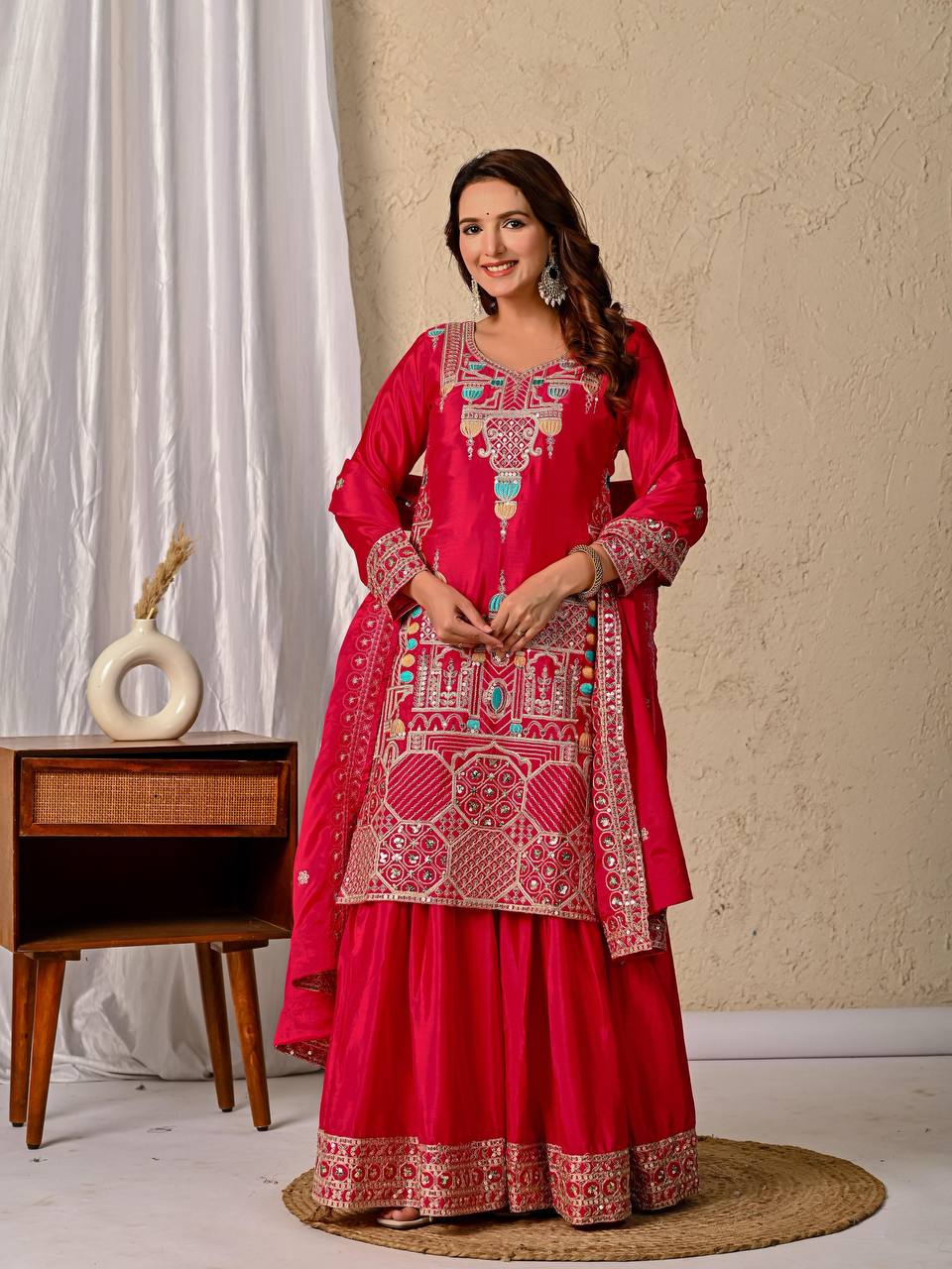 Cherry Pink Elegant Sharara Set Fully Stitched