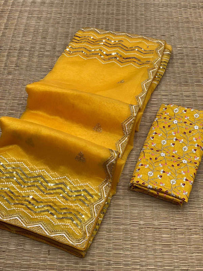 Mustard organza with sequins work celebrity style saree with stitched blouse