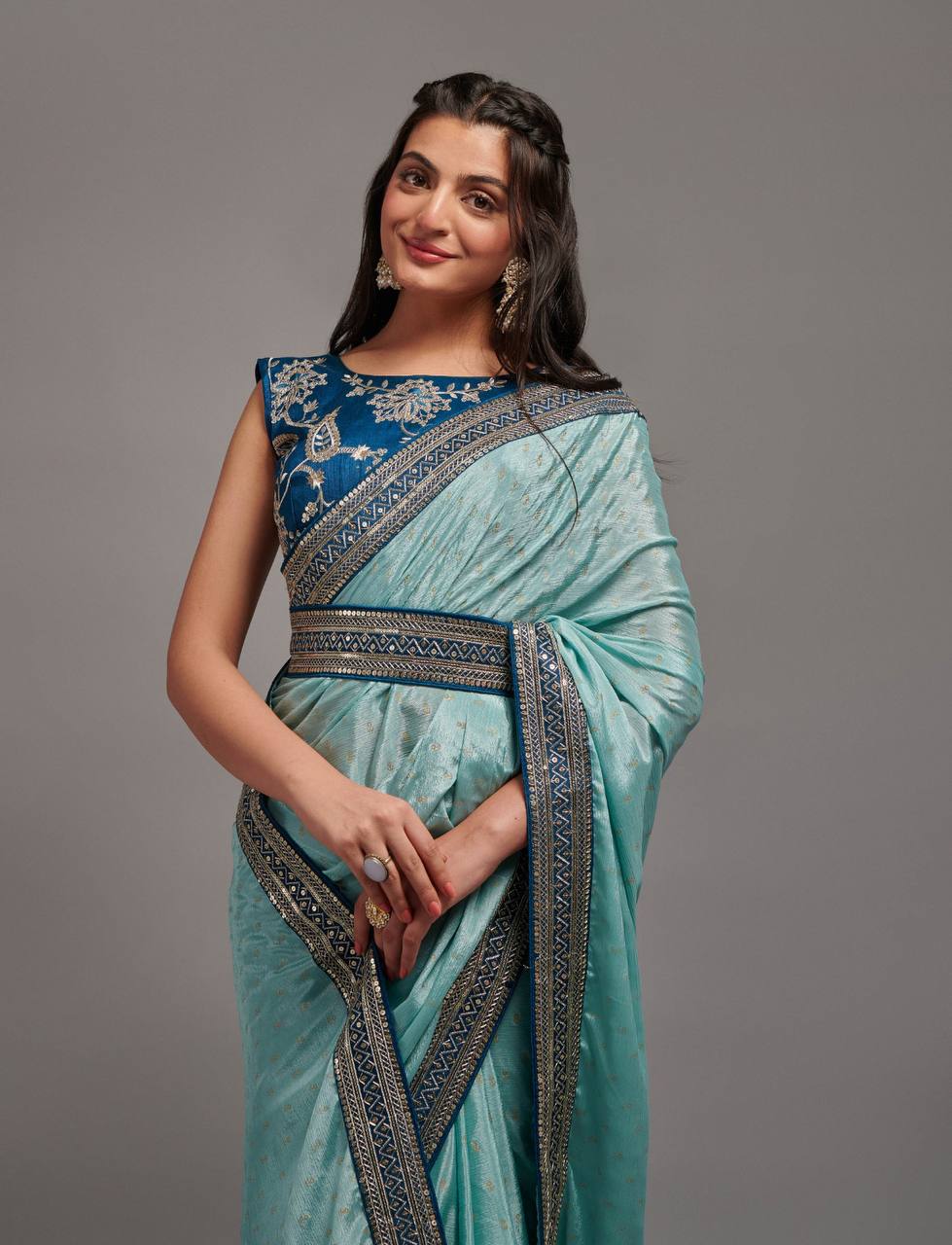 Beautiful Chinnon Saree with Fully Stitched Blouse
