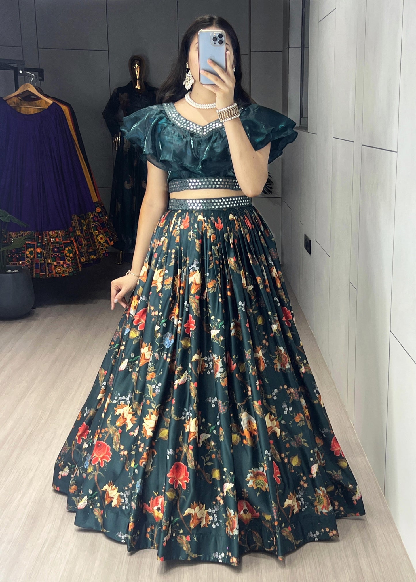 Pure Muslin Dark Bottle Green Casual Lehenga Fully Stitched