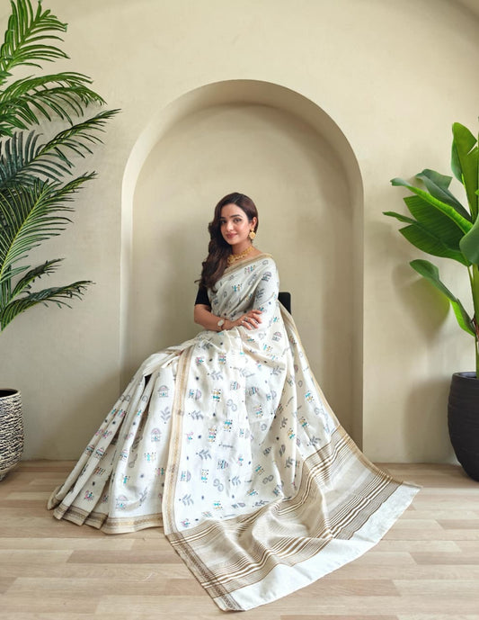 Saheli - Pure Loom Tussar Silk with Beautiful Embroidery Doodle Art and Stitched Blouse Options