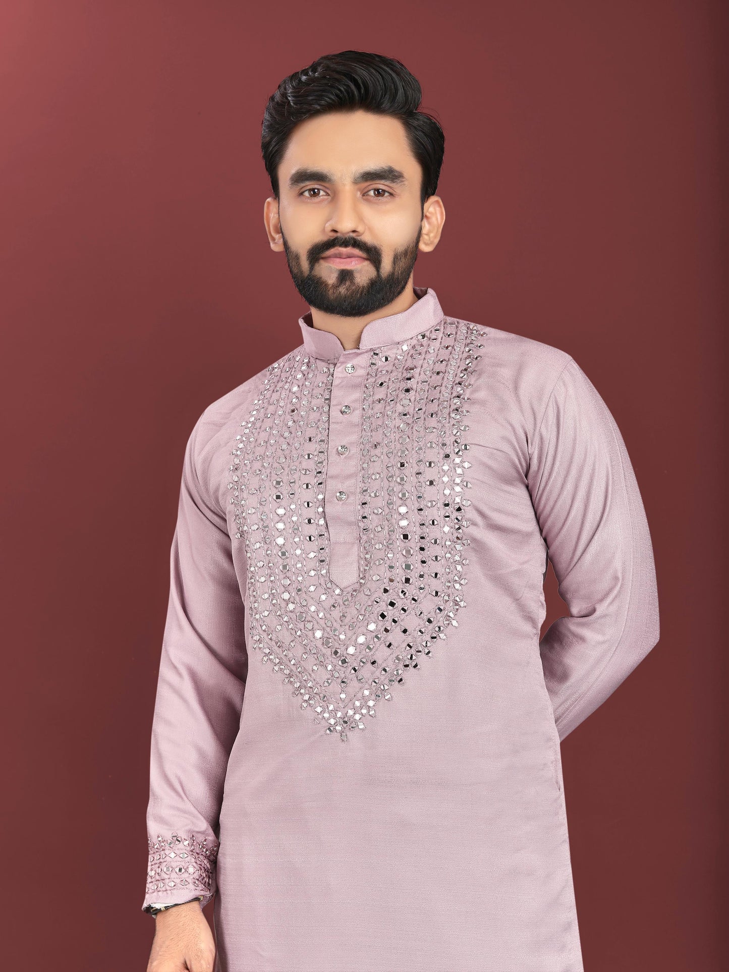 Men's Unique Exclusive Kurta with Real Mirror Neck Work with Cotton Pajama
