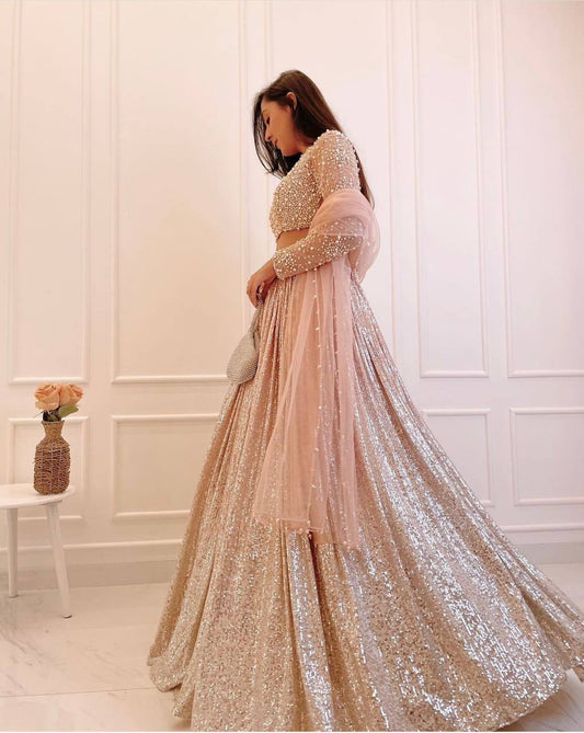 Peach silver fully stitched lehenga