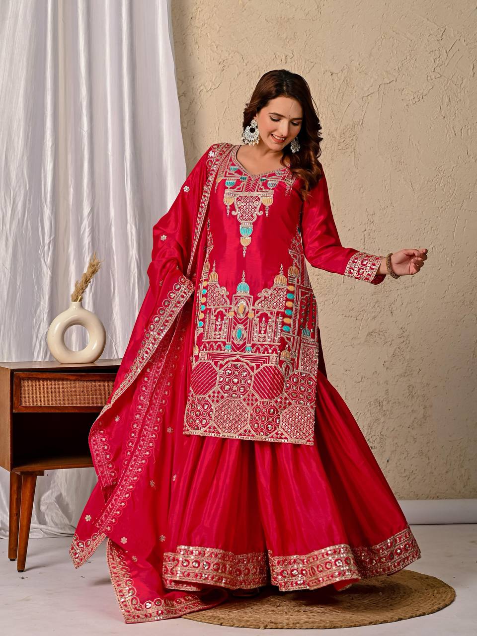 Cherry Pink Elegant Sharara Set Fully Stitched